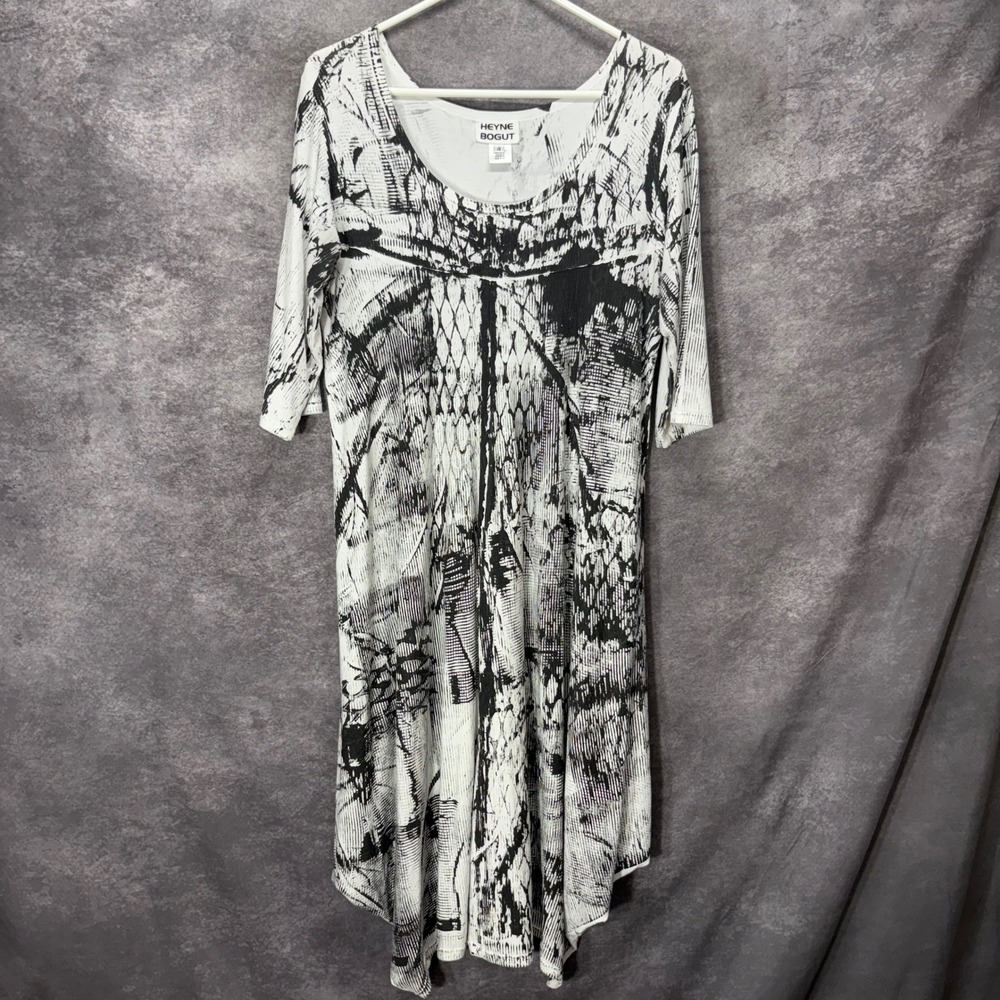 Heyne Bogut Hand Printed Abstract Asymmetric Midi Dress Size 4 Artsy Black White
